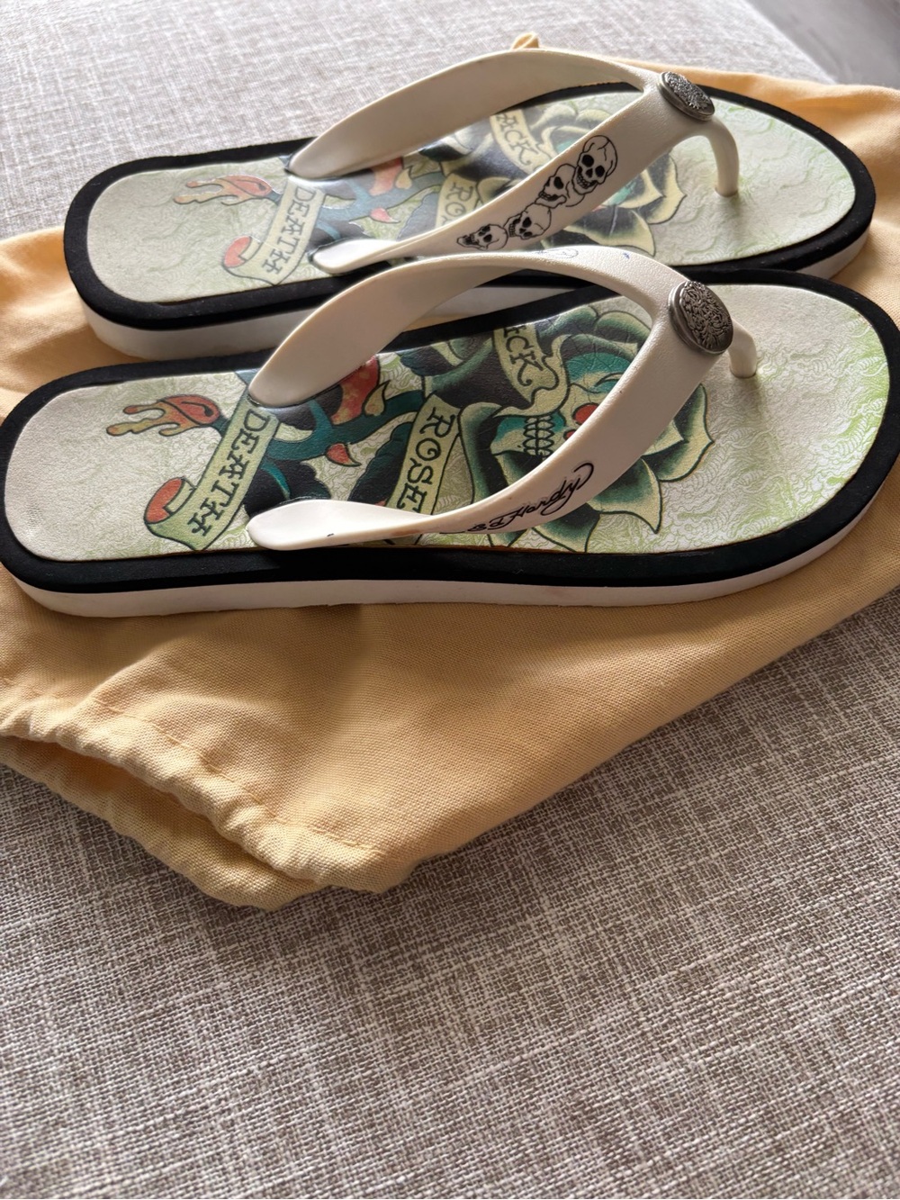 Ed Hardy White Graphic Thong Flip-Flops with Multicolor Tattoo Print